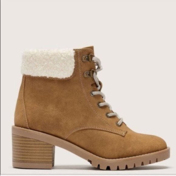Addition Elle Women Brown Wide Combat Sherpa Trim Lace up Winter Boots Size 9W - Picture 1 of 12